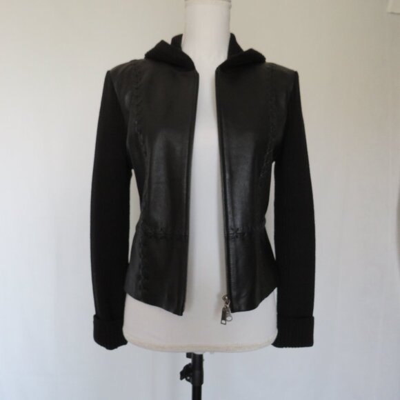 New Black Leather Ribbed Wool Cropped Zipper Hood Women’s Fashion Jacket size L - Picture 1 of 10